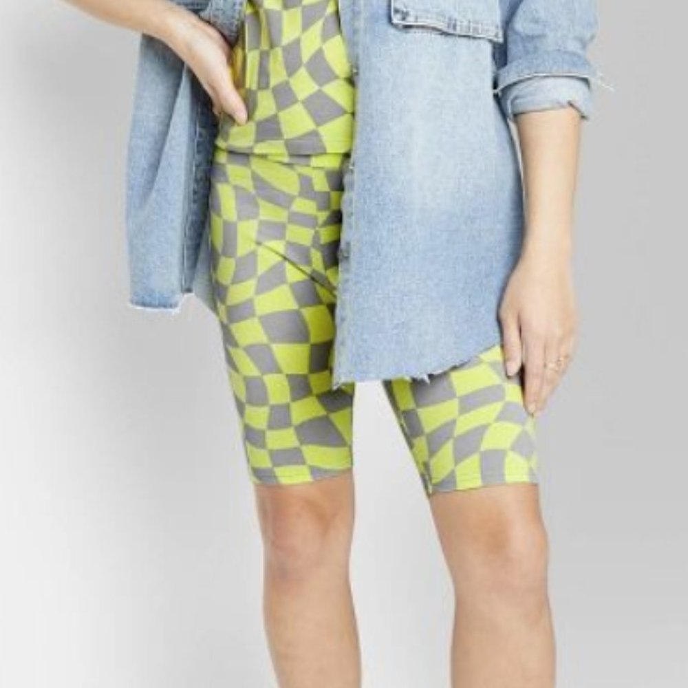 Wild Fable Women's High Rise Yellow & Gray Check Bike Shorts XS